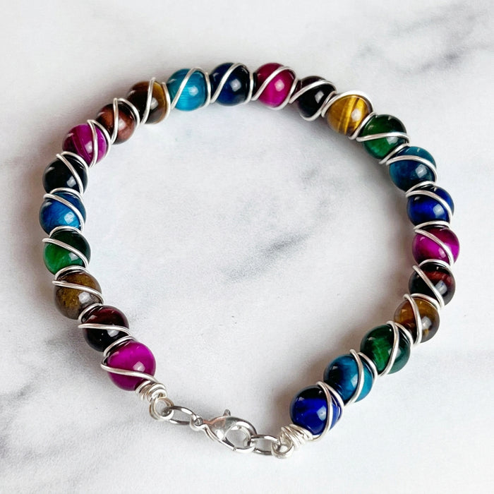 Handmade Pop of Color Wire Wrapped Tiger's Eye Bracelet - Simply Rustic Jewelry