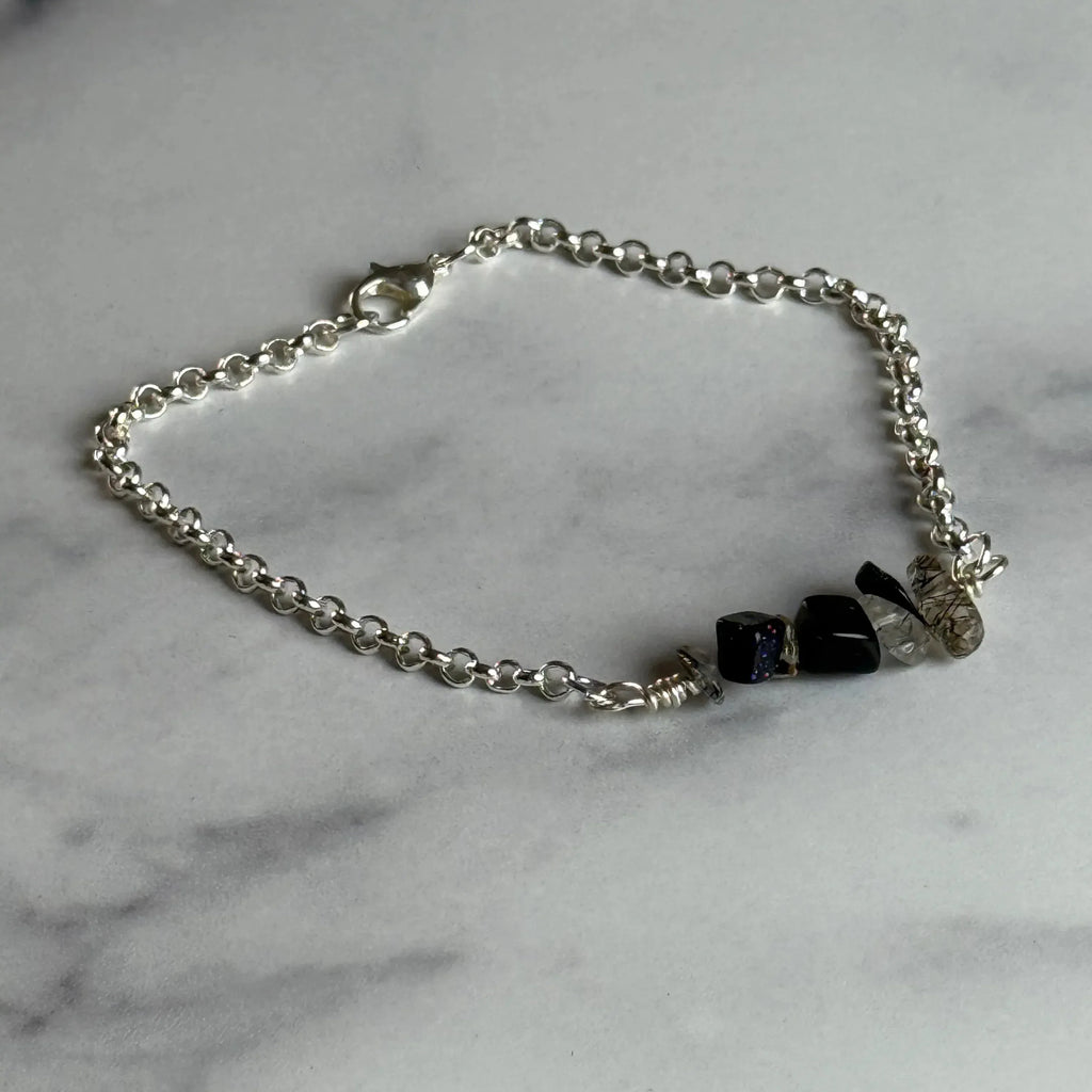 Haunted Threads Bracelet - Chain Bracelets with Stones -Blue Aventurine and Clear Tourmaline Bead Chips - Simply Rustic Jewelry