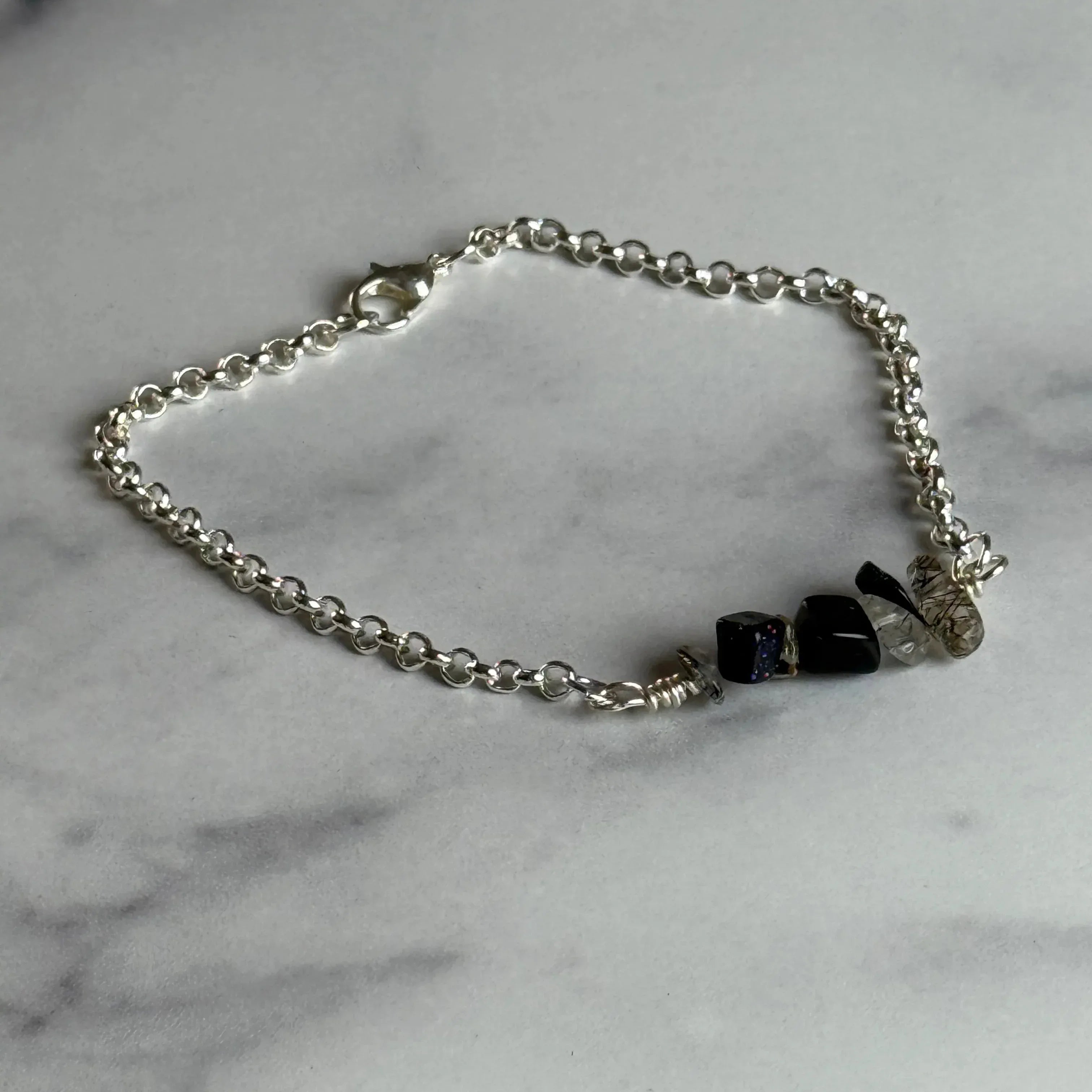 Haunted Threads Bracelet - Chain Bracelets with Stones -Blue Aventurine and Clear Tourmaline Bead Chips - Simply Rustic Jewelry