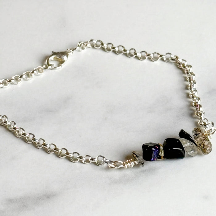 Haunted Threads Bracelet - Chain Bracelets with Stones -Blue Aventurine and Clear Tourmaline Bead Chips - Simply Rustic Jewelry