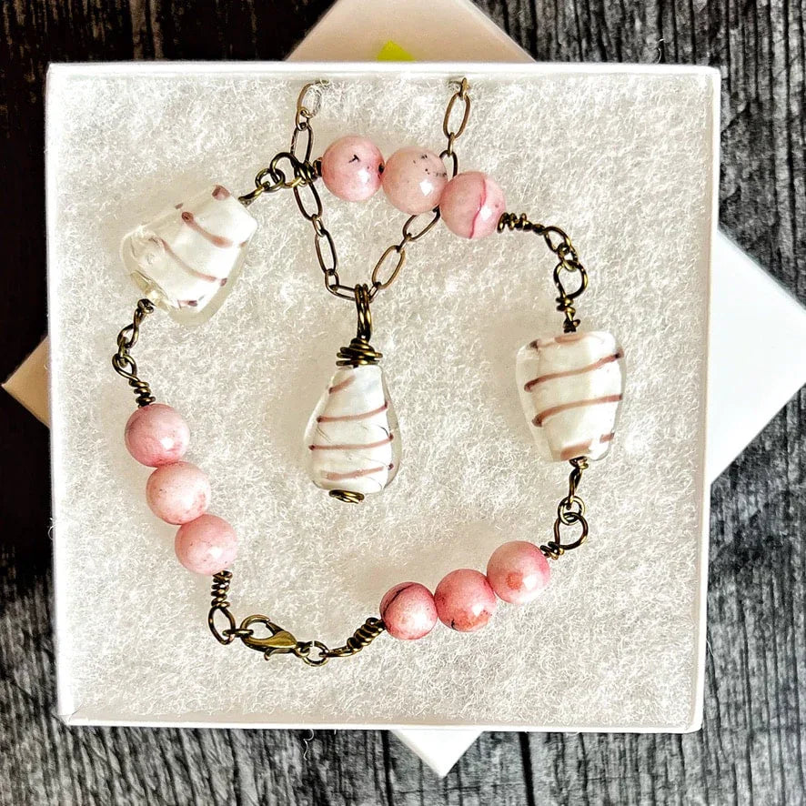 Treasured Trinket Collection -Handmade Matching Glass Pendant Necklace and Glass and Agate LinkBracelet Set - Simply Rustic Jewelry
