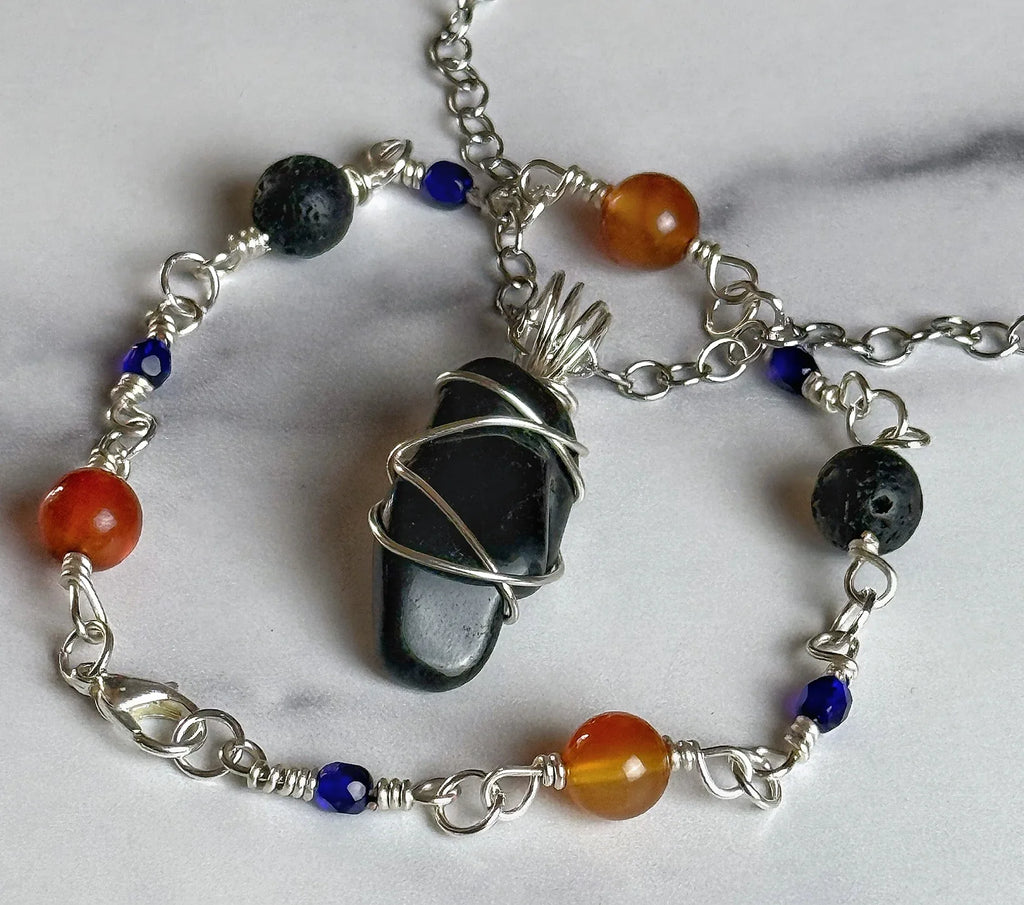 Gothic Glam Collection - Matching Obsidian Necklace and Lapis Lazul Link Bracelet Set - Simply Rustic Jewelry