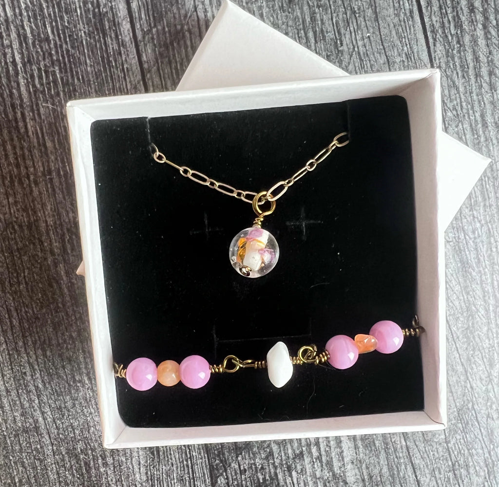 Glowing Lantern Collection -Matching Glass Necklace and Agate Bracelet Set - Simply Rustic Jewelry