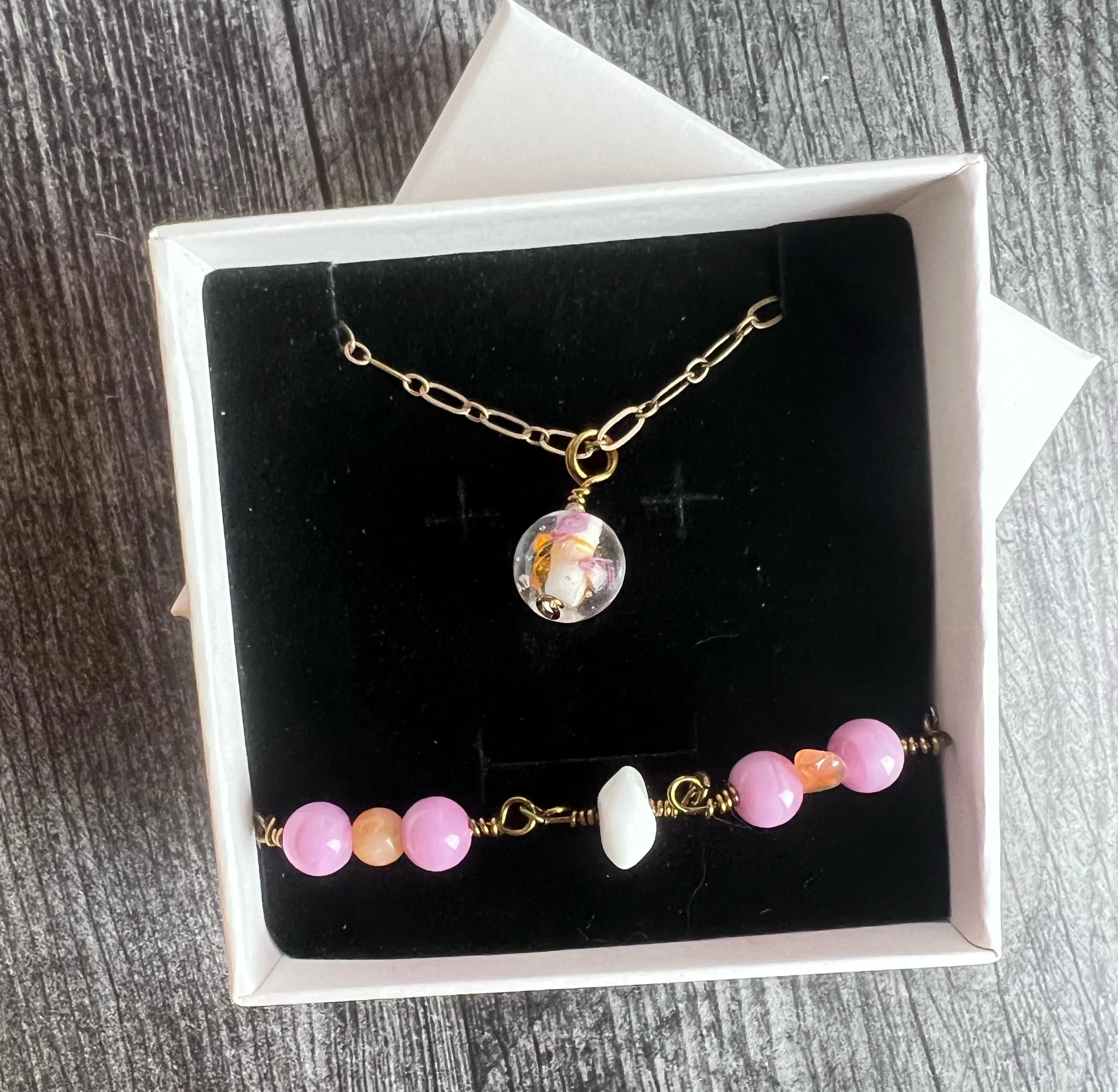 Glowing Lantern Collection -Matching Glass Necklace and Agate Bracelet Set - Simply Rustic Jewelry
