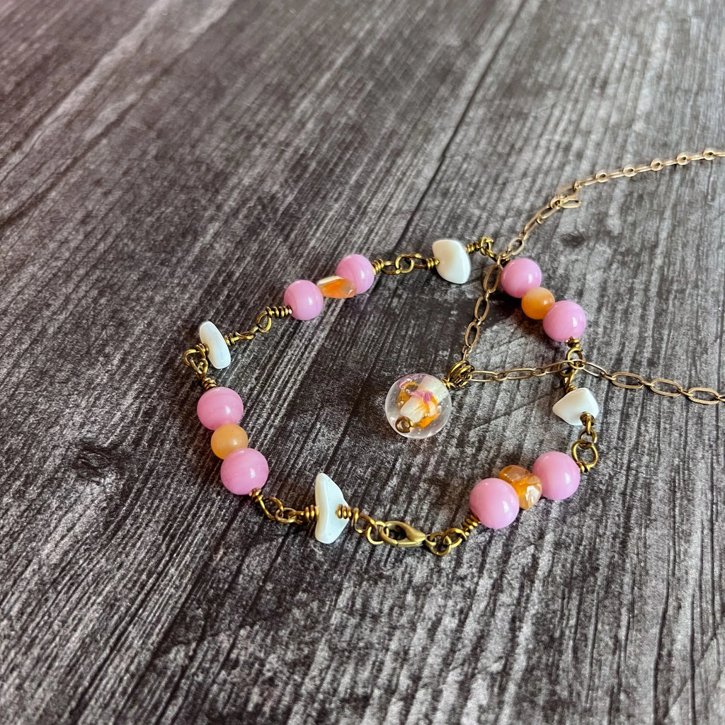 Glowing Lantern Collection -Matching Glass Necklace and Agate Bracelet Set - Simply Rustic Jewelry