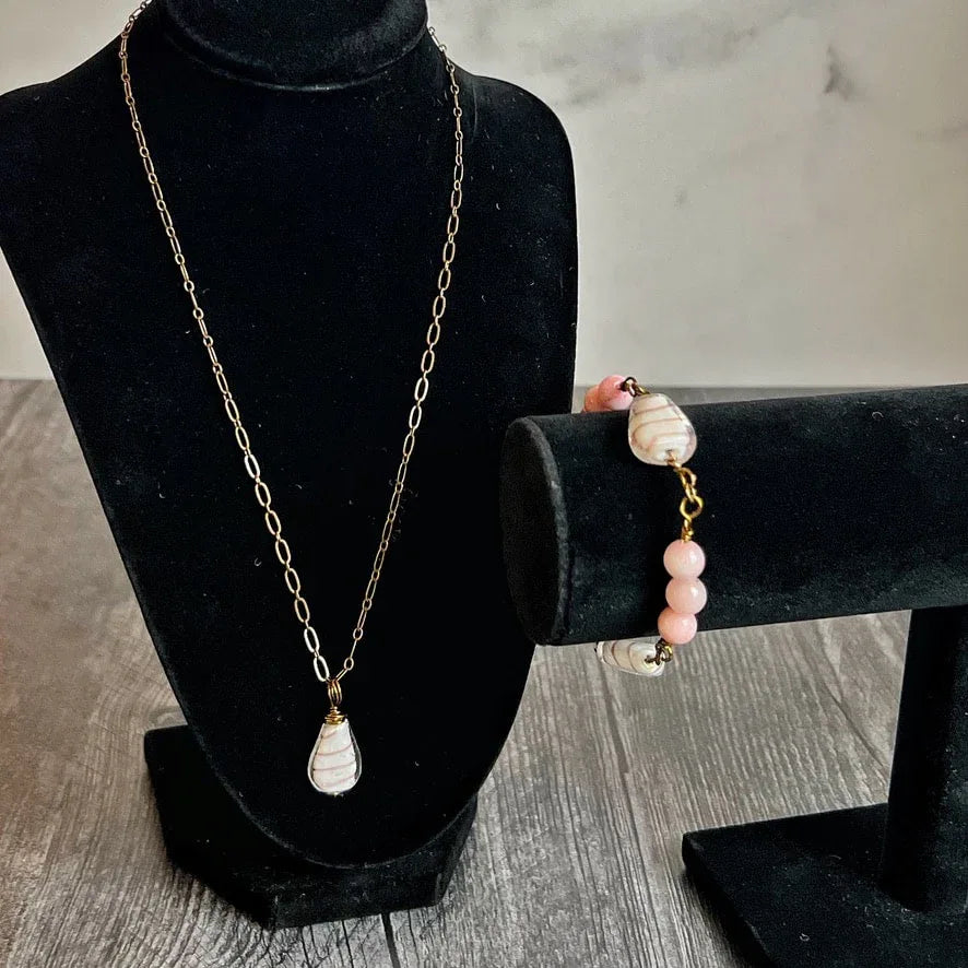 Treasured Trinket Collection -Handmade Matching Glass Pendant Necklace and Glass and Agate LinkBracelet Set - Simply Rustic Jewelry