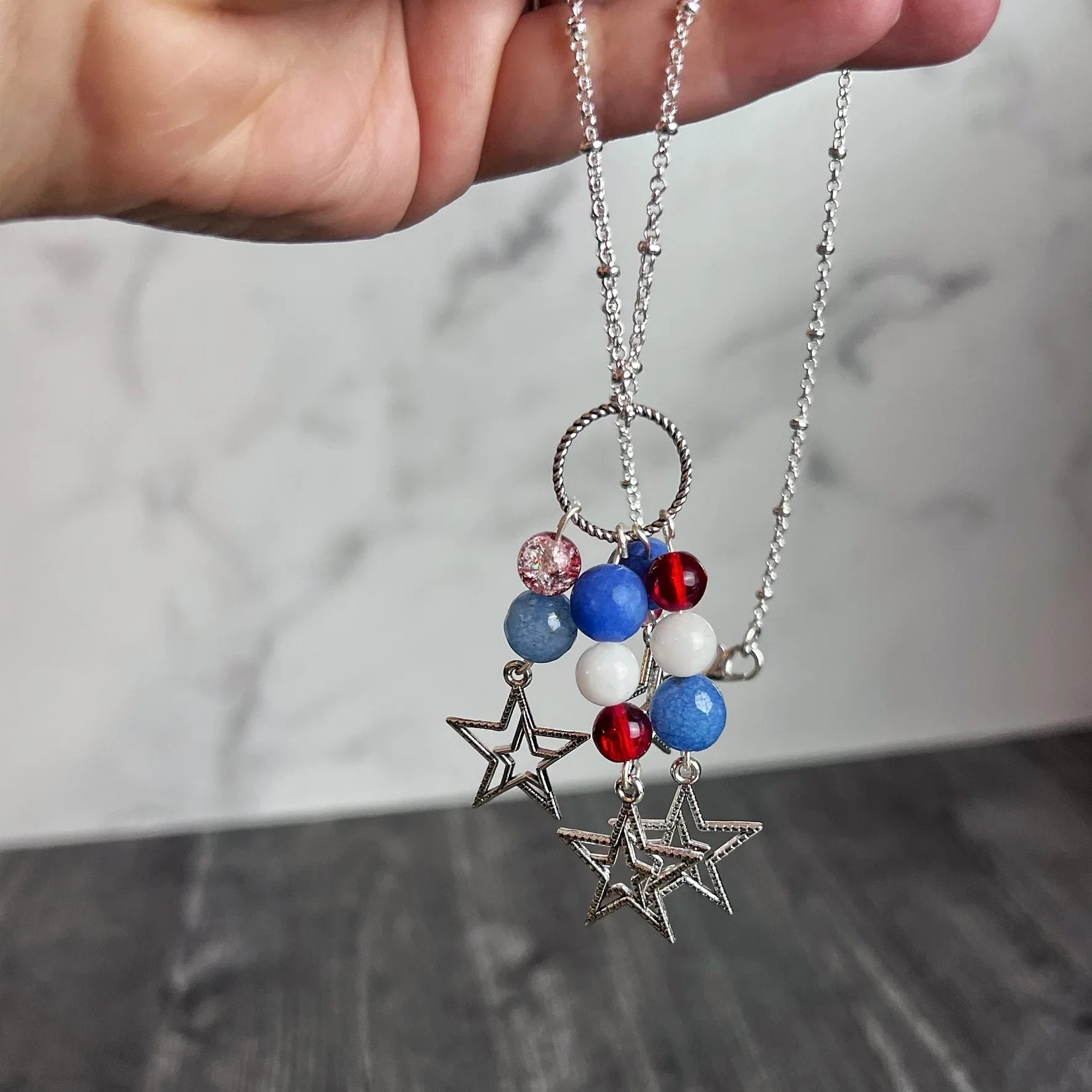 Star Spangled Necklace -beaded pendant necklace - Dragon's Vein Agate, Crackle Glass - Simply Rustic Jewelry
