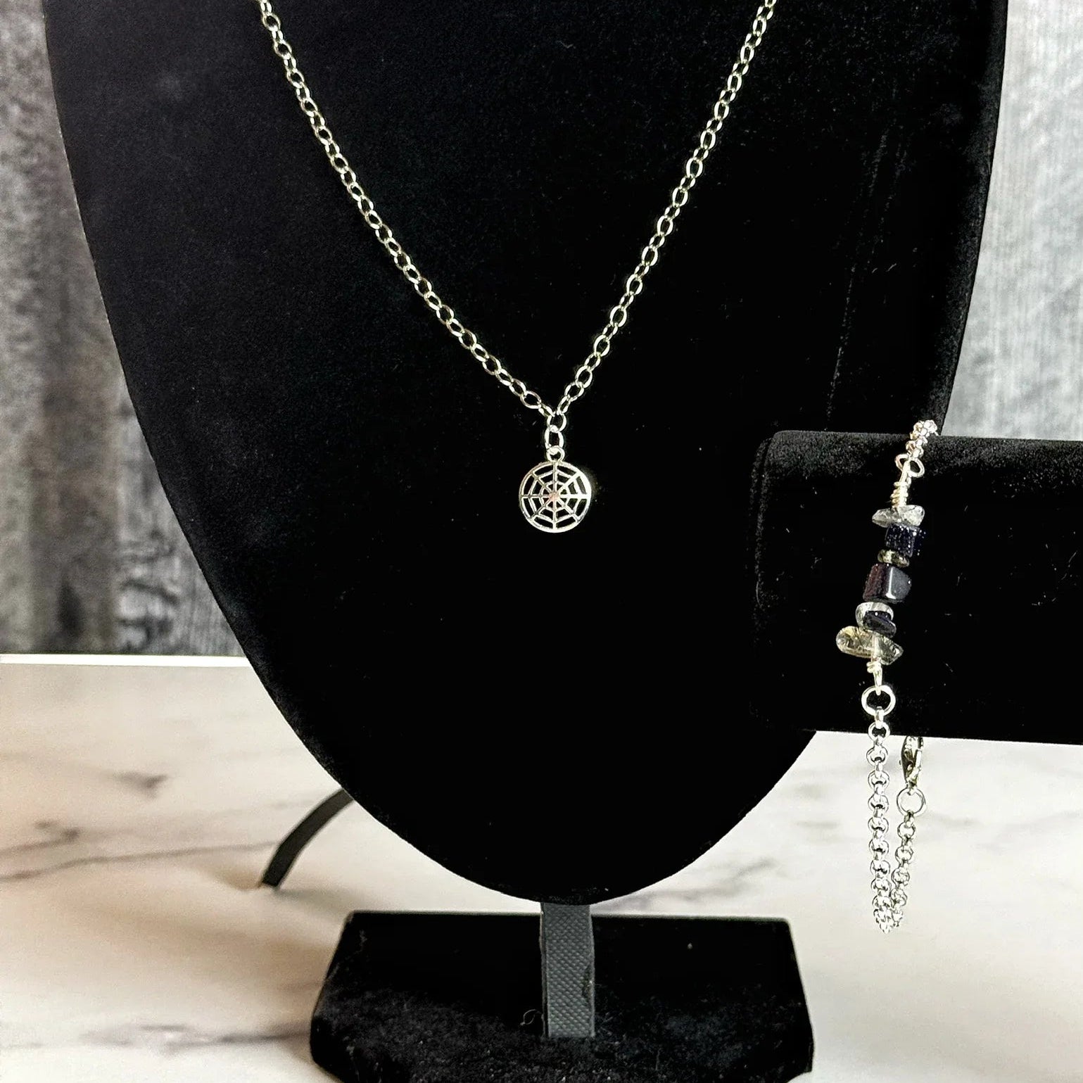 Haunted Threads Collection - Matching Spider Web Necklace and Blue Aventurine and Clear Tourmaline Bead Chips Bracelet Set - Simply Rustic Jewelry