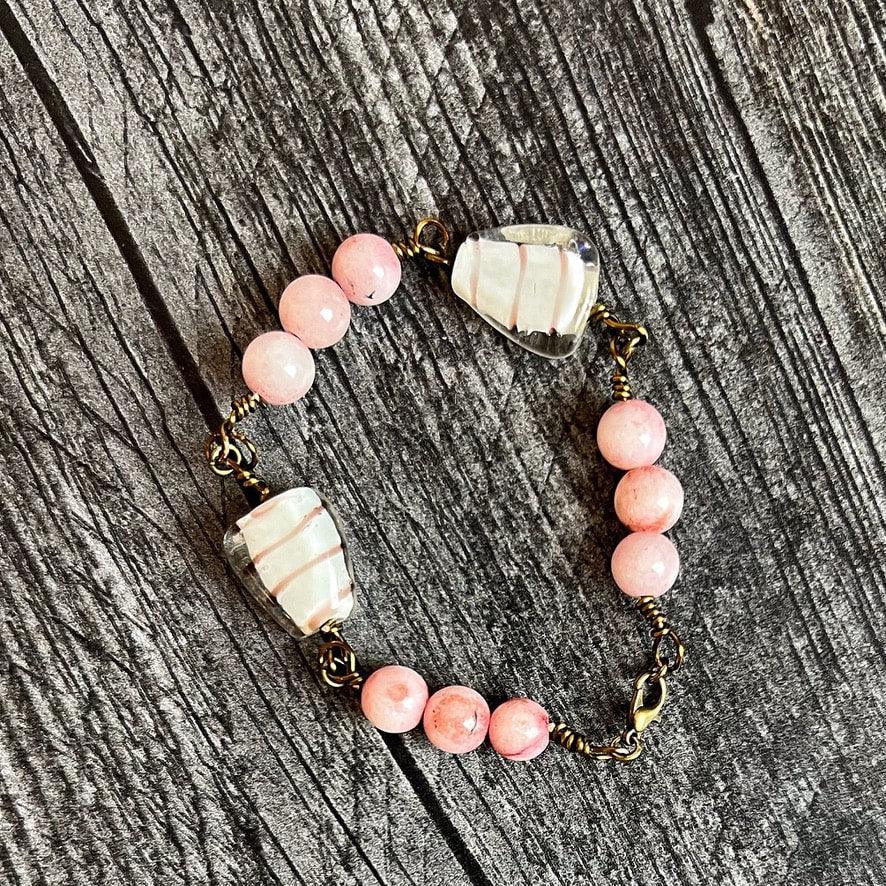 Treasured Trinket Collection -Handmade Matching Glass Pendant Necklace and Glass and Agate LinkBracelet Set - Simply Rustic Jewelry