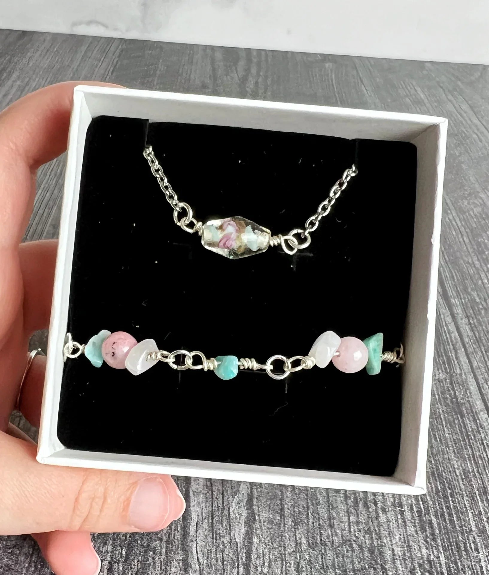 Pastel Primrose Collection -Handmade Matching Glass Necklace and White Malaysian Jade Bracelet Set - Simply Rustic Jewelry