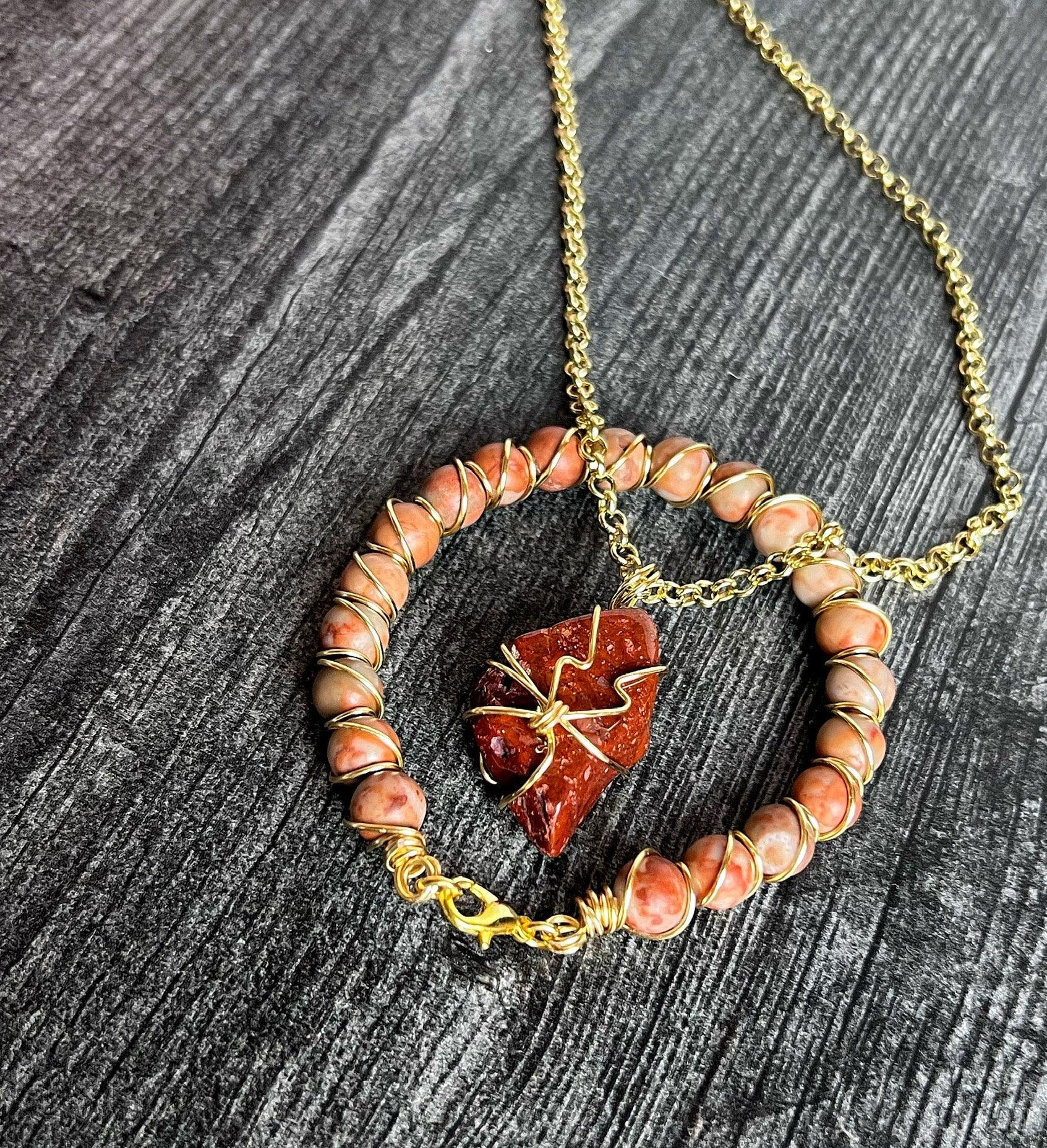 Crimson Sunburst Collection -Handmade Matching Jasper Necklace and Sunstone Wire Wrapped Bracelet Set - Simply Rustic Jewelry