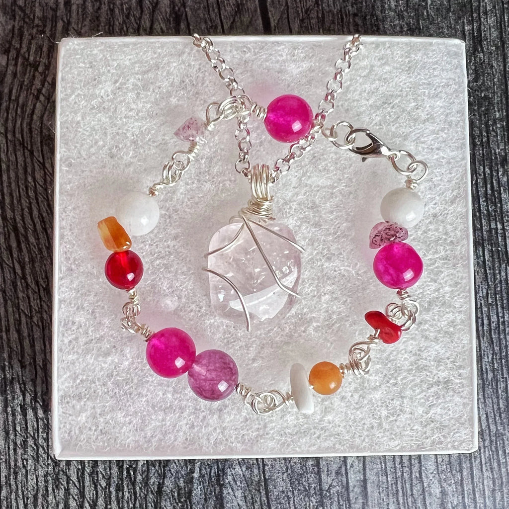 Pride Gems Collection -Matching Rose Quartz Necklace and Glass Beaded Link Bracelet Set - Simply Rustic Jewelry