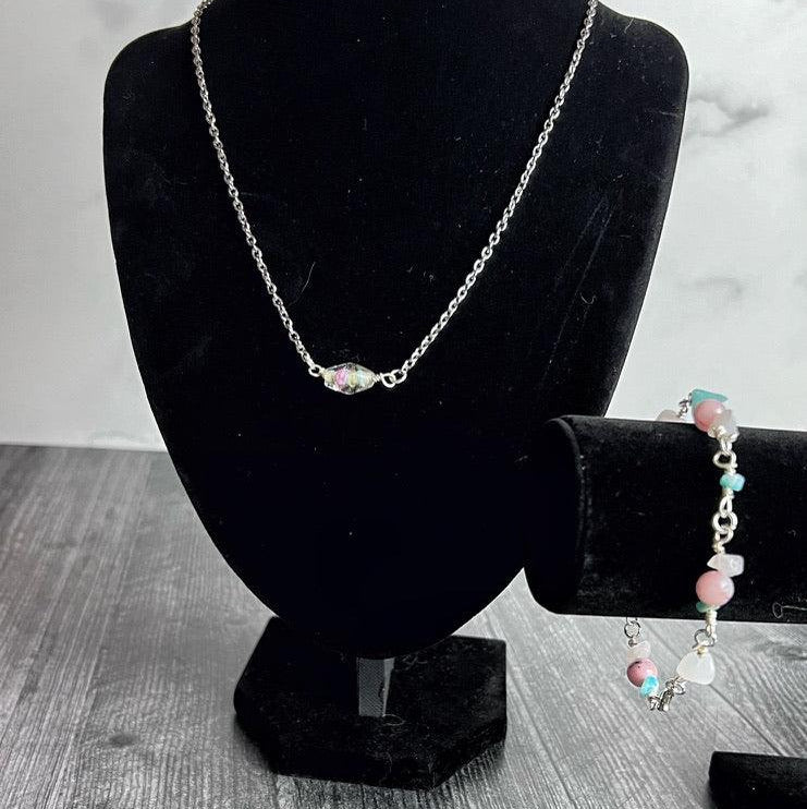 Pastel Primrose Collection -Handmade Matching Glass Necklace and White Malaysian Jade Bracelet Set - Simply Rustic Jewelry