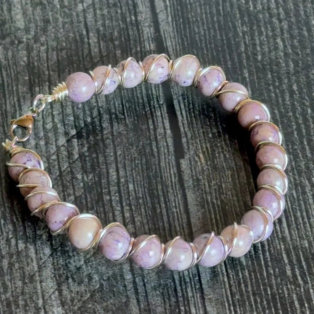 Twilight Petals Collection - Handmade Glass Pendant Necklace and Lepidolite Bracelet With Wire Wrapping - Simply Rustic Jewelry