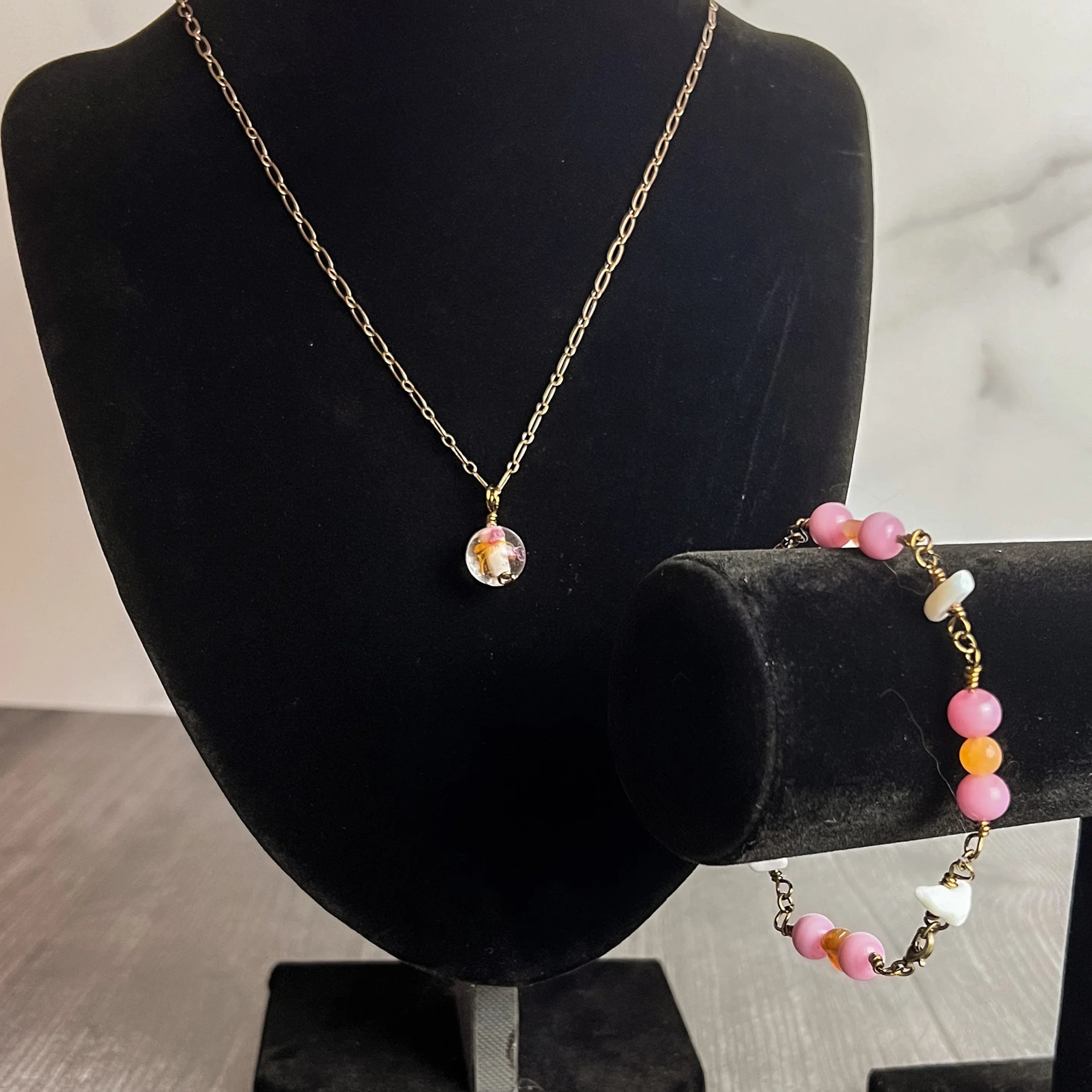 Glowing Lantern Collection -Matching Glass Necklace and Agate Bracelet Set - Simply Rustic Jewelry