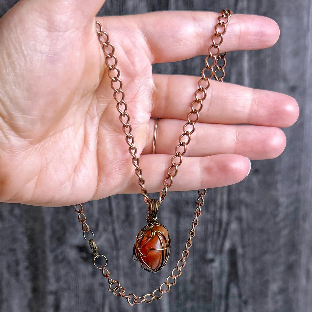 Eerie Willows Necklace -Handmade Simple Wire Wrapped Carnelian Crystal Pendant - Simply Rustic Jewelry
