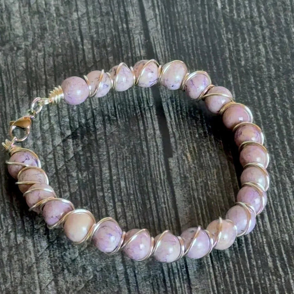 Twilight Petals Bracelet - Lepidolite Beaded Bracelet with Wire Wrapping - Simply Rustic Jewelry