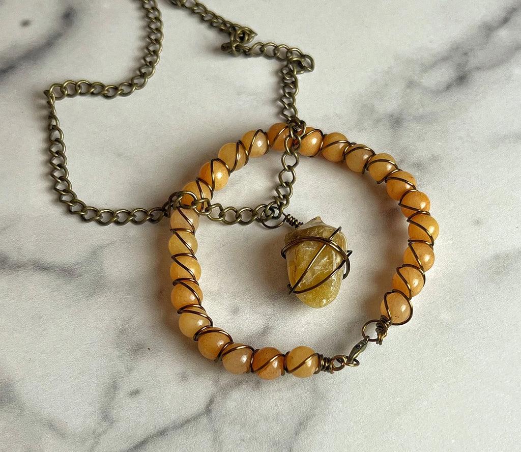 Golden Hour Collection -Handmade Matching Yellow Aventurine Necklace and Bracelet Agagte Wire Wrapped BraceletSet - Simply Rustic Jewelry