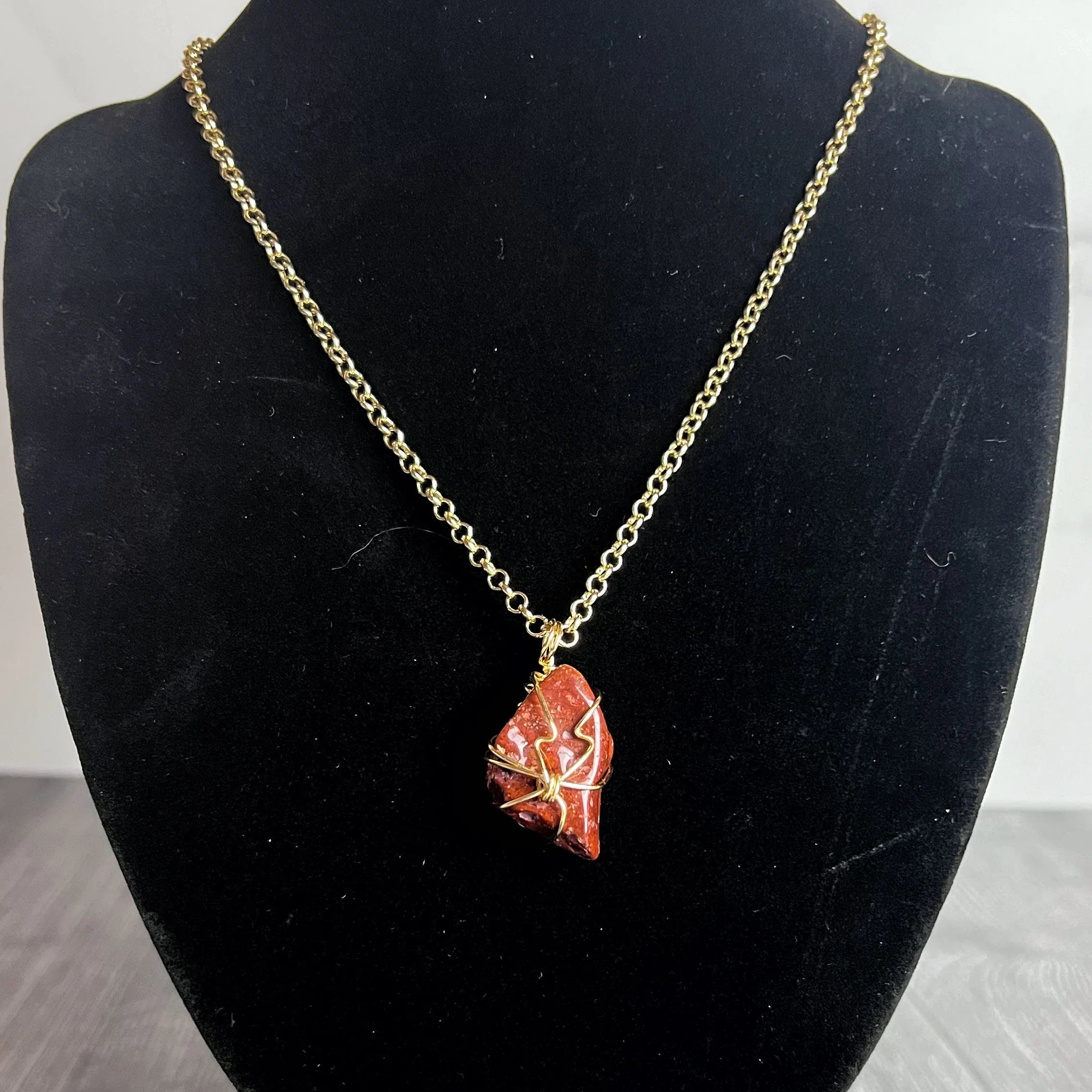 Crimson Sunburst Necklace -Simple Jasper wire wrapped crystal pendant - Simply Rustic Jewelry