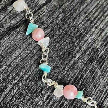Pastel Primrose Bracelet -Link Bracelet - Blue Howlite and White Malaysia Jade Pink Agate Beads - Simply Rustic Jewelry