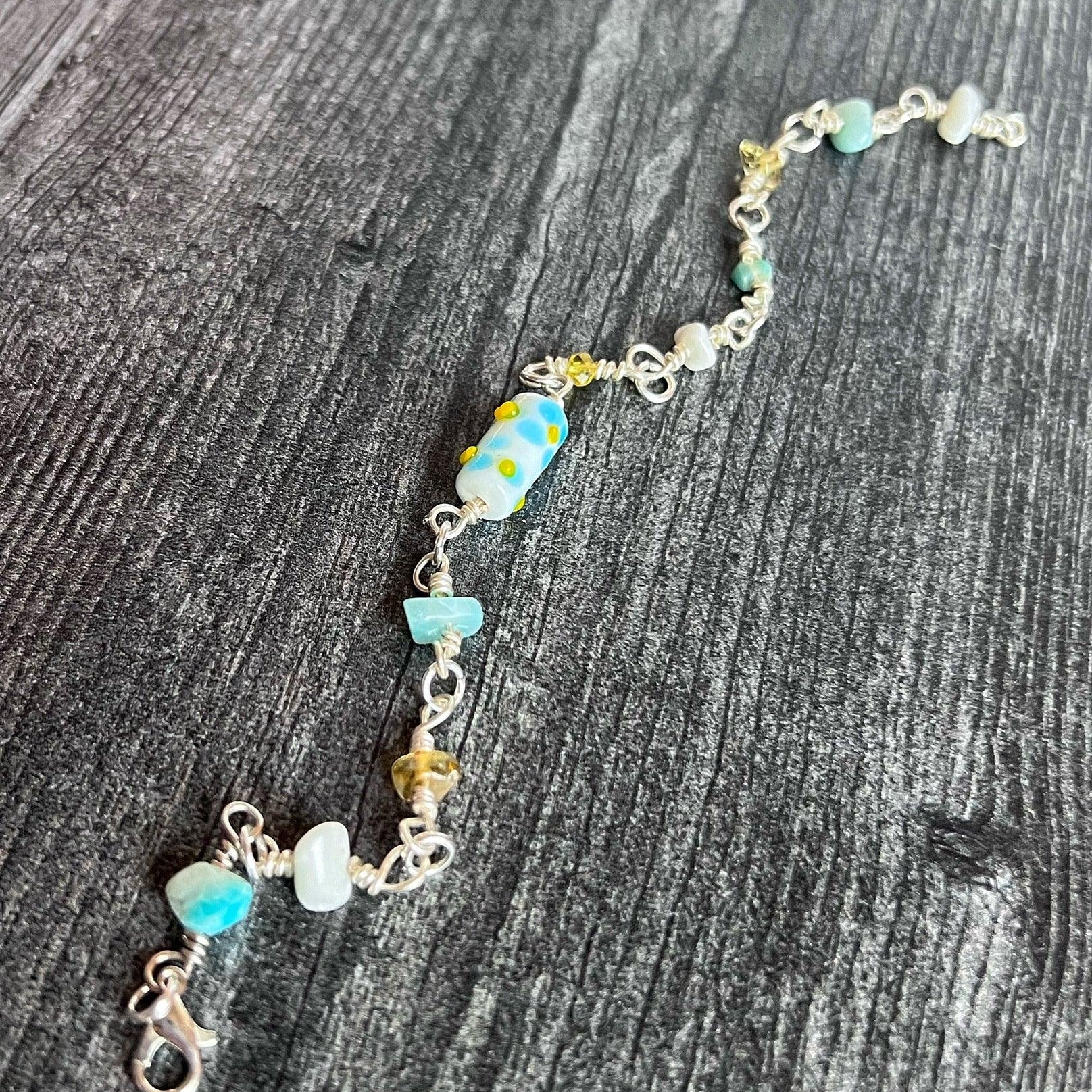Turquoise Petal Harmony Bracelet- Amazonite, Citrate and Glass Link Bracelet - Simply Rustic Jewelry