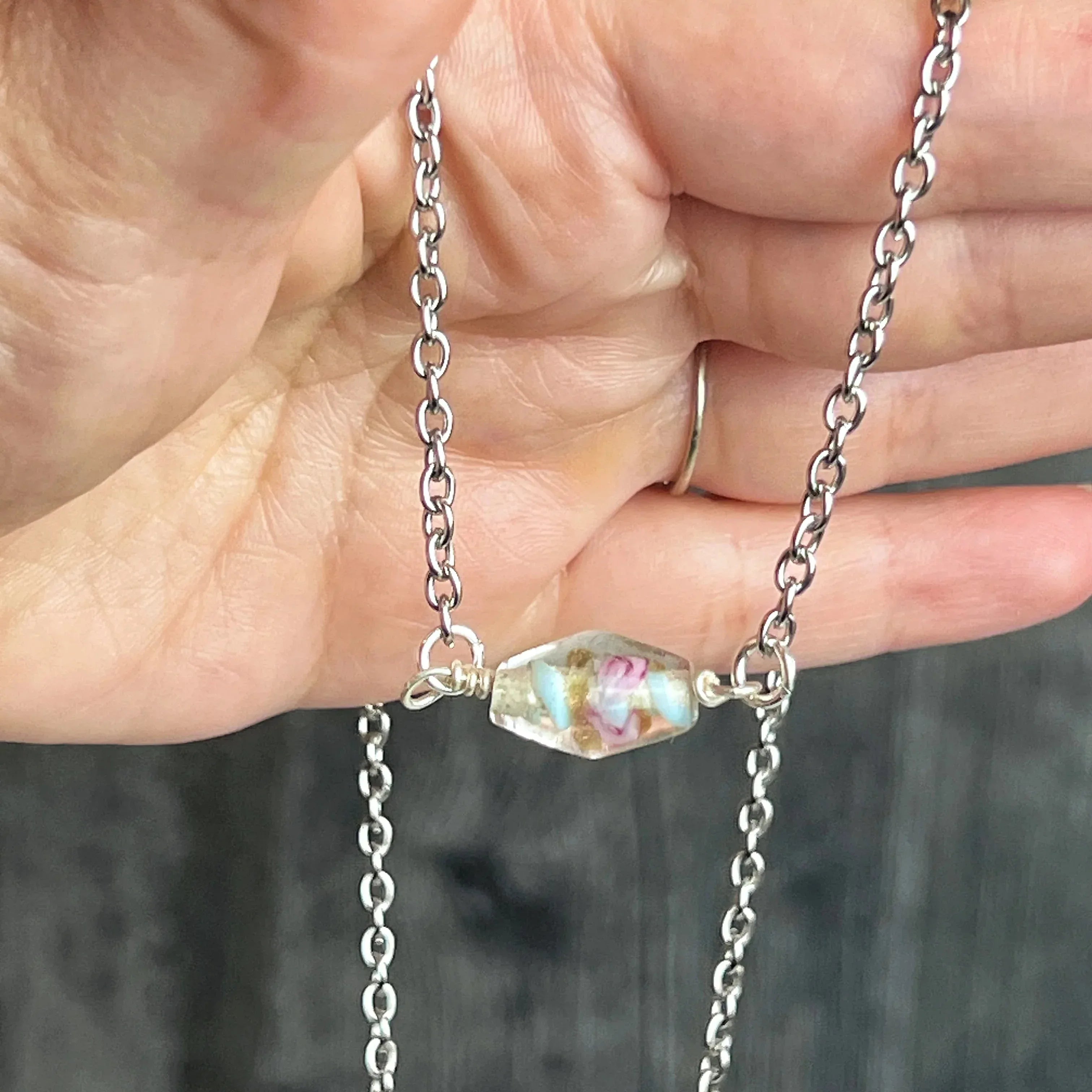 Pastel Primrose Collection -Handmade Matching Glass Necklace and White Malaysian Jade Bracelet Set - Simply Rustic Jewelry