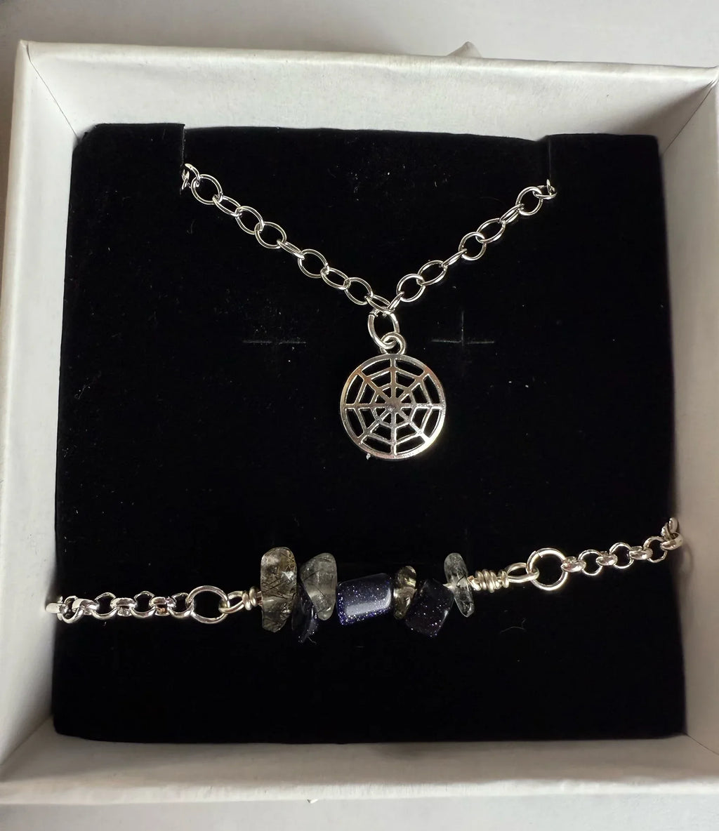 Haunted Threads Collection - Matching Spider Web Necklace and Blue Aventurine and Clear Tourmaline Bead Chips Bracelet Set - Simply Rustic Jewelry