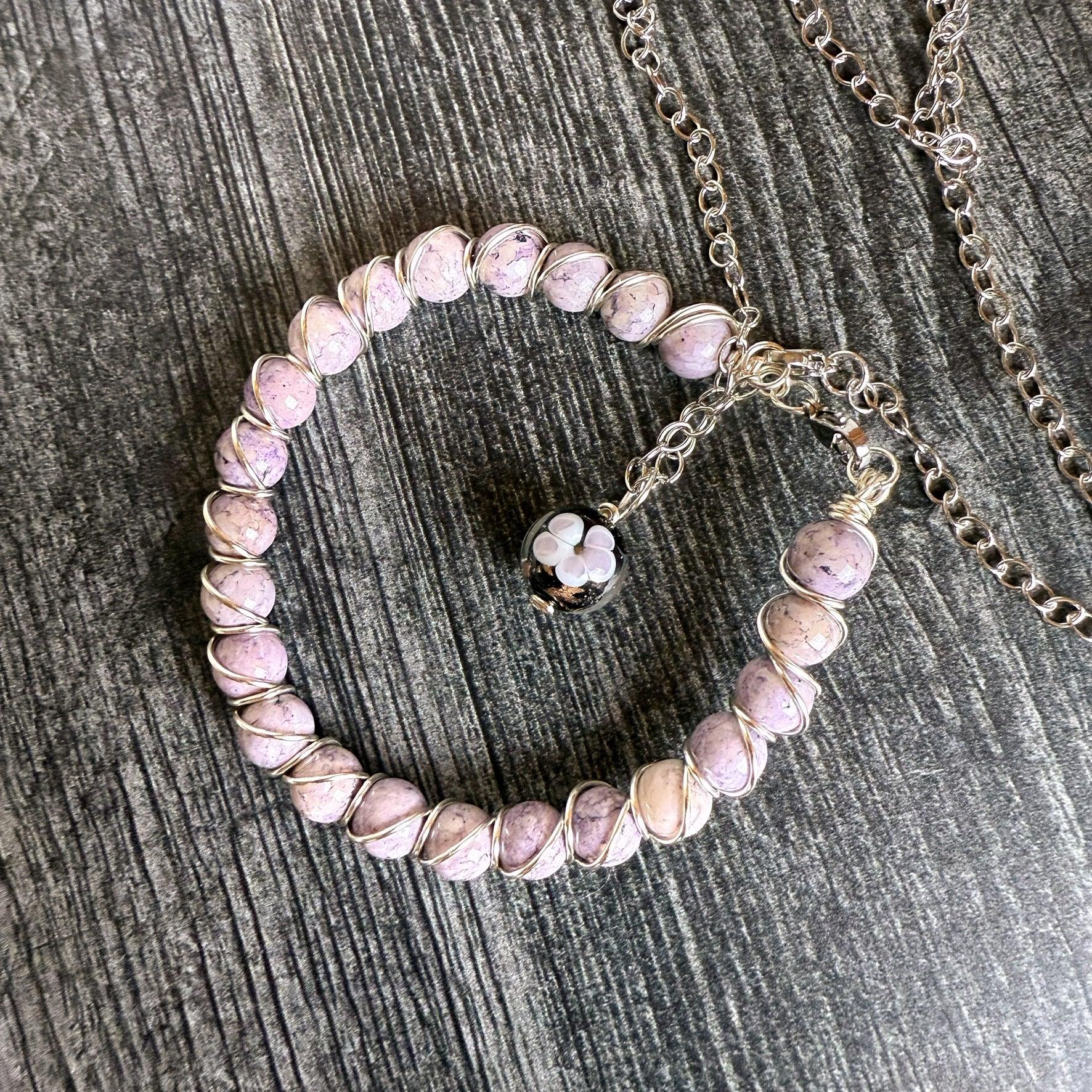 Twilight Petals Collection - Handmade Glass Pendant Necklace and Lepidolite Bracelet With Wire Wrapping - Simply Rustic Jewelry