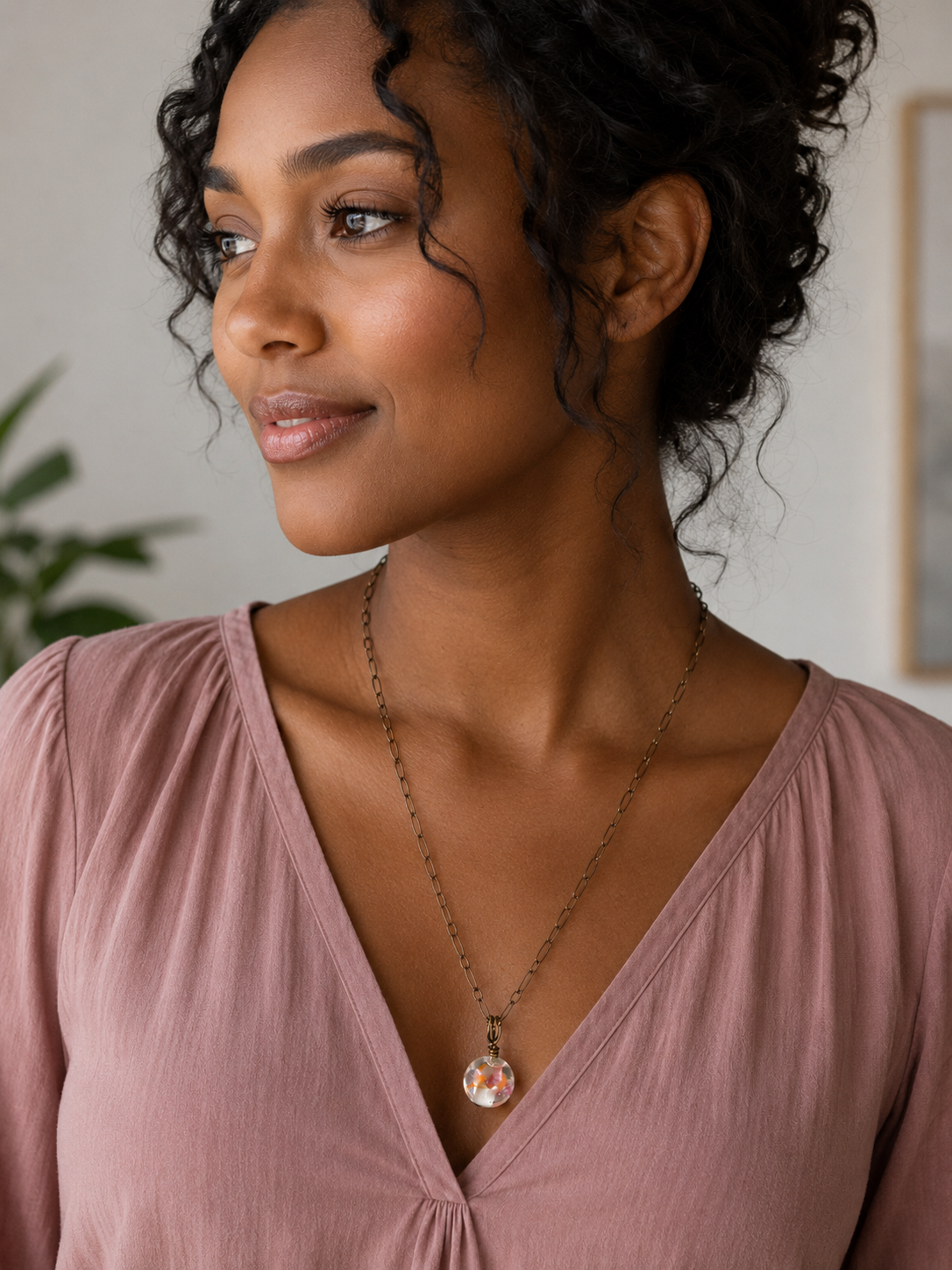 Woman wearing a pink top and necklace indoors
