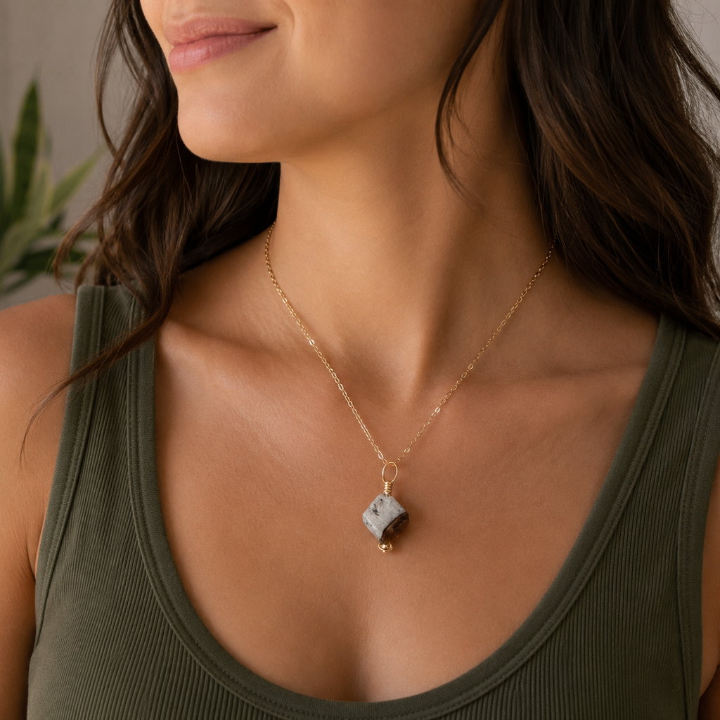 A close-up of a woman wearing a delicate gold chain necklace with a small faceted gray stone pendant and a tiny gold bead accent.