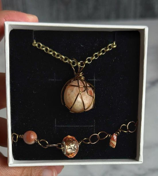 Raw Sienna Collection - Matching Sunstone Pendant Necklace and Link Bracelet - Simply Rustic Jewelry
