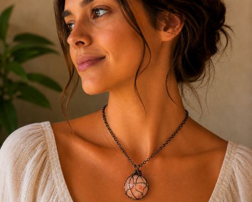 Woman wearing a necklace with a pendant, looking away from the camera.