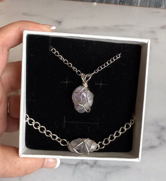 Silver Scry Collection - Handmade Matching Clear Quartz Necklace and Clear Quartz Bracelet Set - Simply Rustic Jewelry