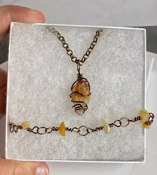 Smoldered Root Collection - Matching Citrine Pendent Necklace And Citrite Link Bracelet Set - Simply Rustic Jewelry