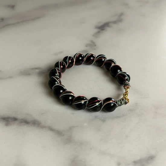 Strength in Color Bracelet - Obsidian Beaded Bracelet With Wire Wrapping - Simply Rustic Jewelry