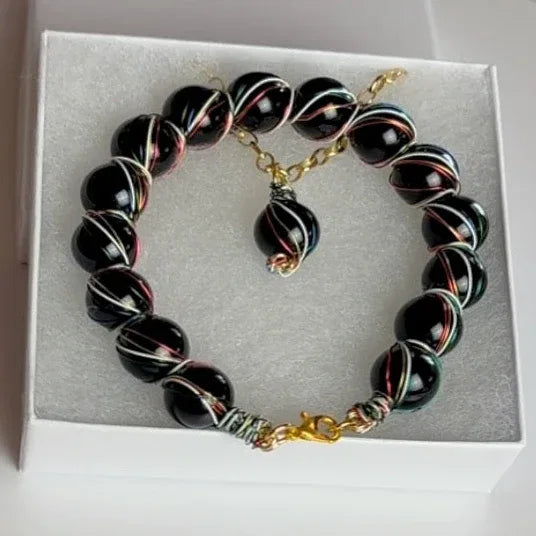 Strength in Color Collection - Handmade Matching Obsidian Beaded Necklace with Wire Wrapping and Obsidian Beaded Bracelet With Wire Wrapping - Simply Rustic Jewelry