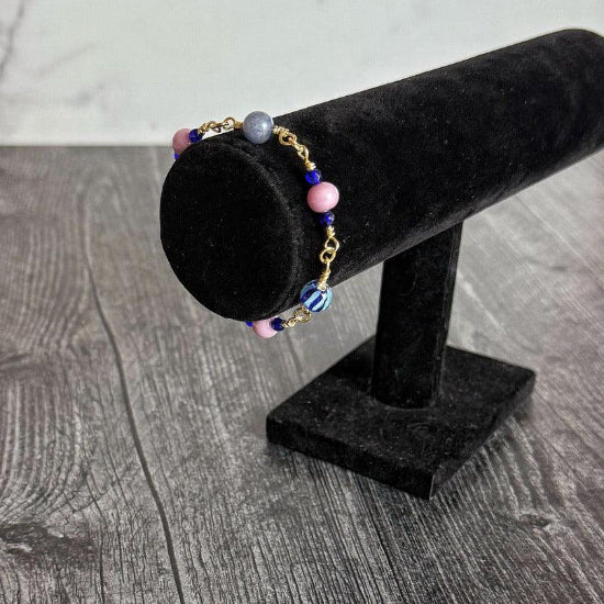 Swirl of Stardust Collection -Handmade Matching Artisan Glass Bead Necklace and Agate and Glass Link Bracelet - Simply Rustic Jewelry