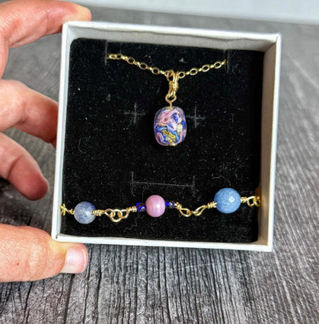 Swirl of Stardust Collection -Handmade Matching Artisan Glass Bead Necklace and Agate and Glass Link Bracelet - Simply Rustic Jewelry