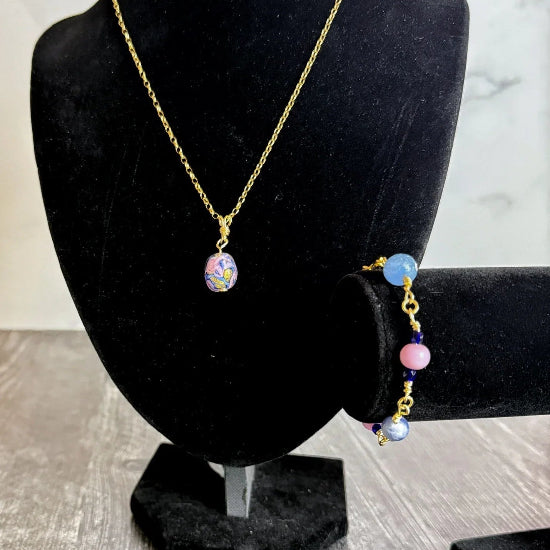 Swirl of Stardust Collection -Handmade Matching Artisan Glass Bead Necklace and Agate and Glass Link Bracelet - Simply Rustic Jewelry