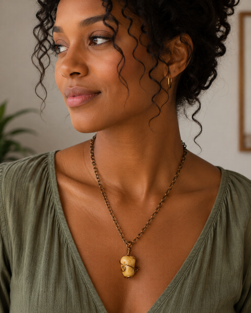 Woman wearing a green top and gold necklace with a pendant indoors.